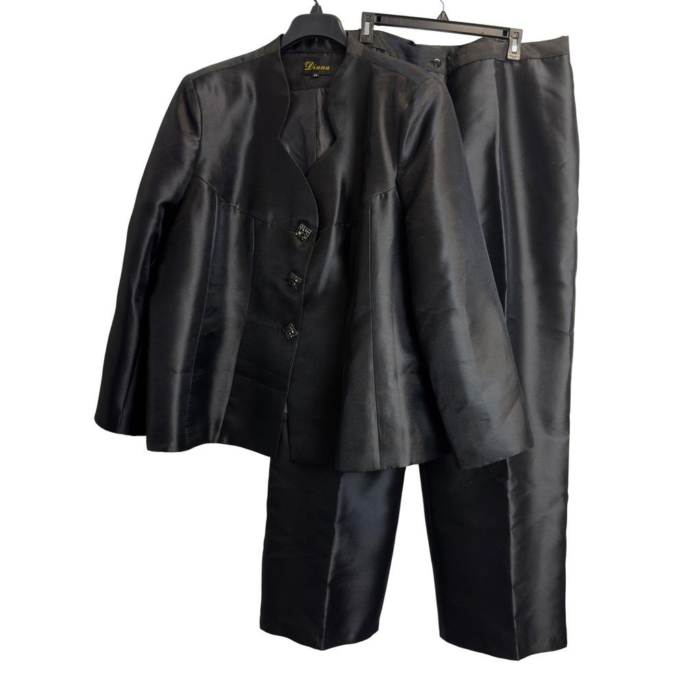 Diana Womens Black Satin 2 Piece Pant Suit Rhinestone Button Blazer Size 24